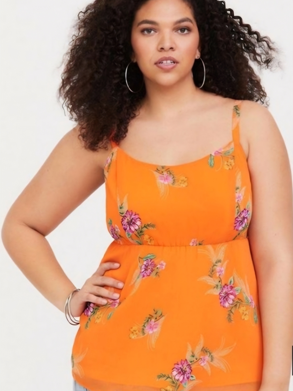 Torrid Plus Bright Orange Floral Chiffon  Spaghetti Strap Cami Top Smocked Back